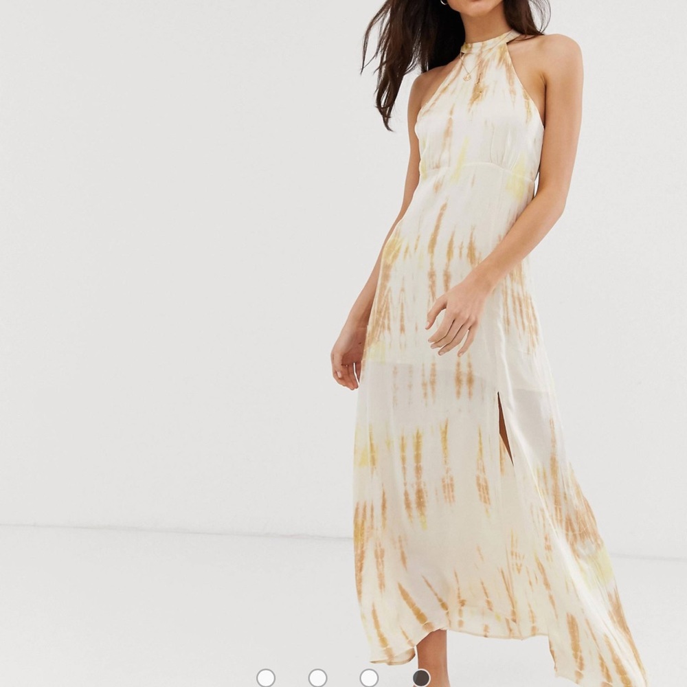 Stradivarius Dress Yellow Brown Ivory Rayon Halter Maxi NWT Sz. S
